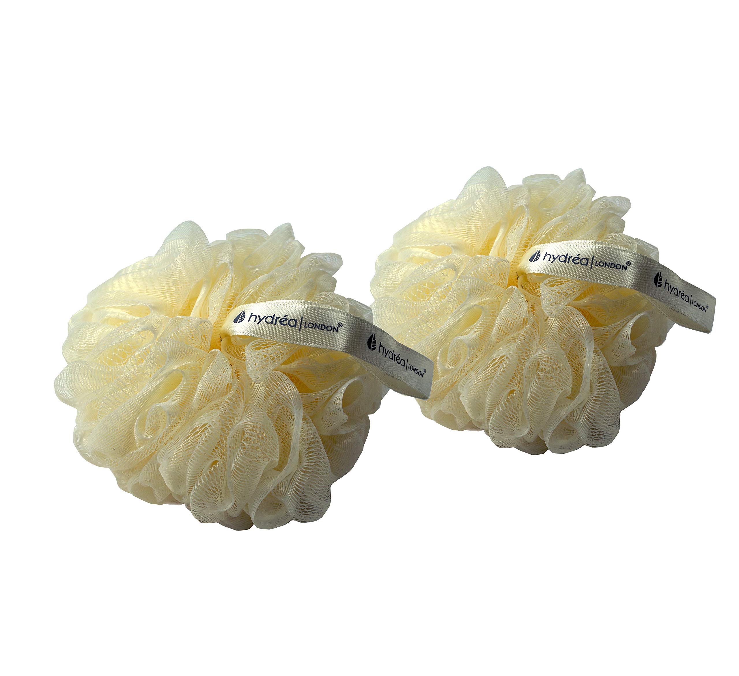 Hydrea London Shower Puffs - Pack of 2 Exfoliating Body Scrubber for Men & Women - Face & Body Cleansing Shower Scrub - Ultra-Soft, Large, & Vegan Bath Scrunchie - Bathing Buffers, Cream