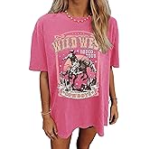 Wudlads Wild West Cowboy T Shirt Women Vintage Rodeo Shirts Cowboy Graphic Tee Oversized Country Music Short Sleeve Tops