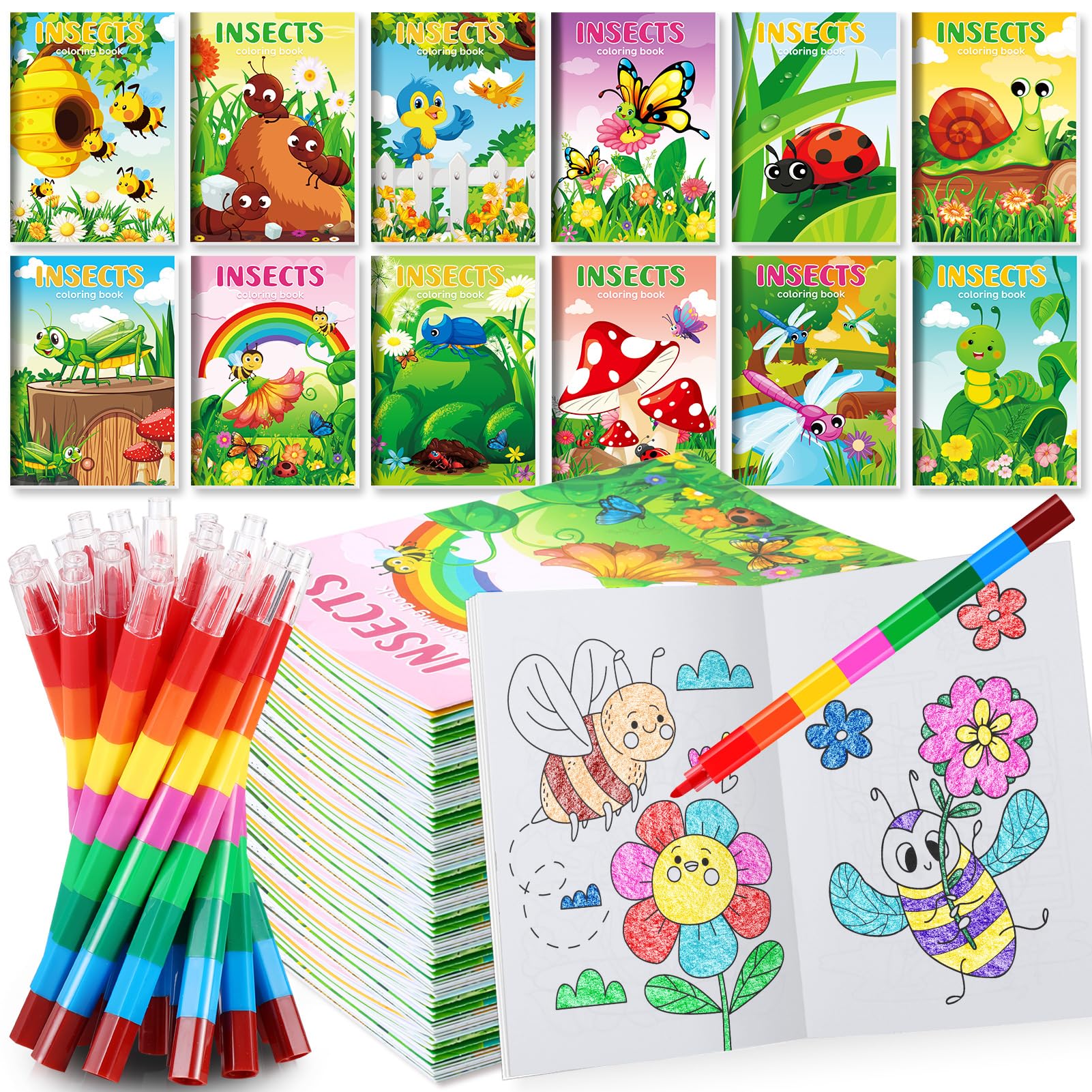 Photo 1 of ***STOCK NOT EXACT***SIMILAR ITEM***BenLouis 12 Insects Mini Coloring Books Kids with 12 Stacking Crayons Spring Bugs Party Favors Small Activity Books Bulk for Kids Butterfly Bee Party Gift Goodie Bag Stuffers