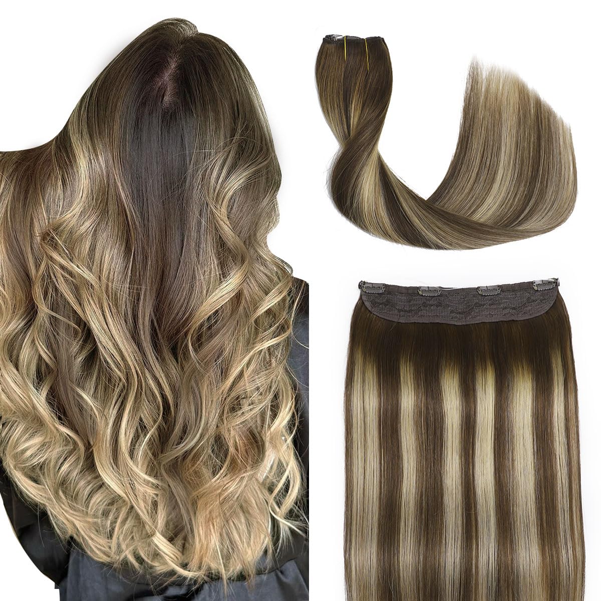 Wire Hair Extensions 18 Inch Chocolate Brown Mixed Caramel Blonde Balayage Wire Human Hair Extensions for Women One Piece (#4/27/4-18inch)