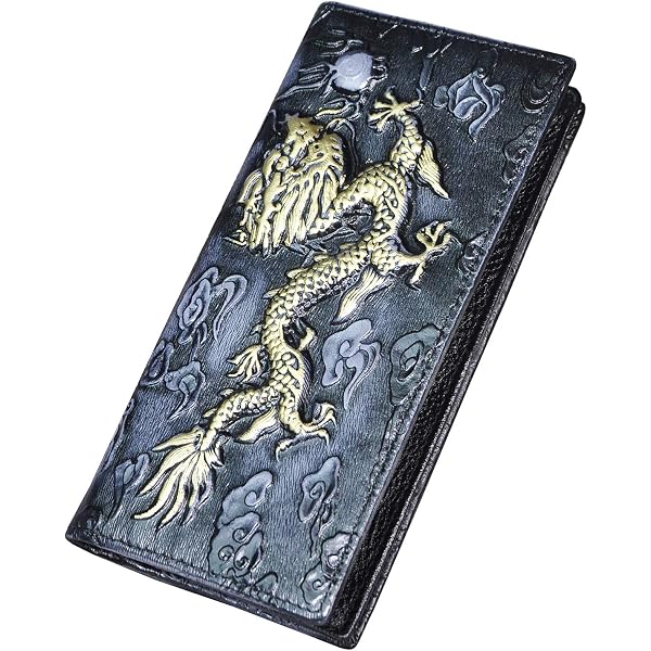 Le'aokuu Men's Genuine Leather Bifold Wallet With Iron Chain - Wine Dragon Design, Checkbook Style