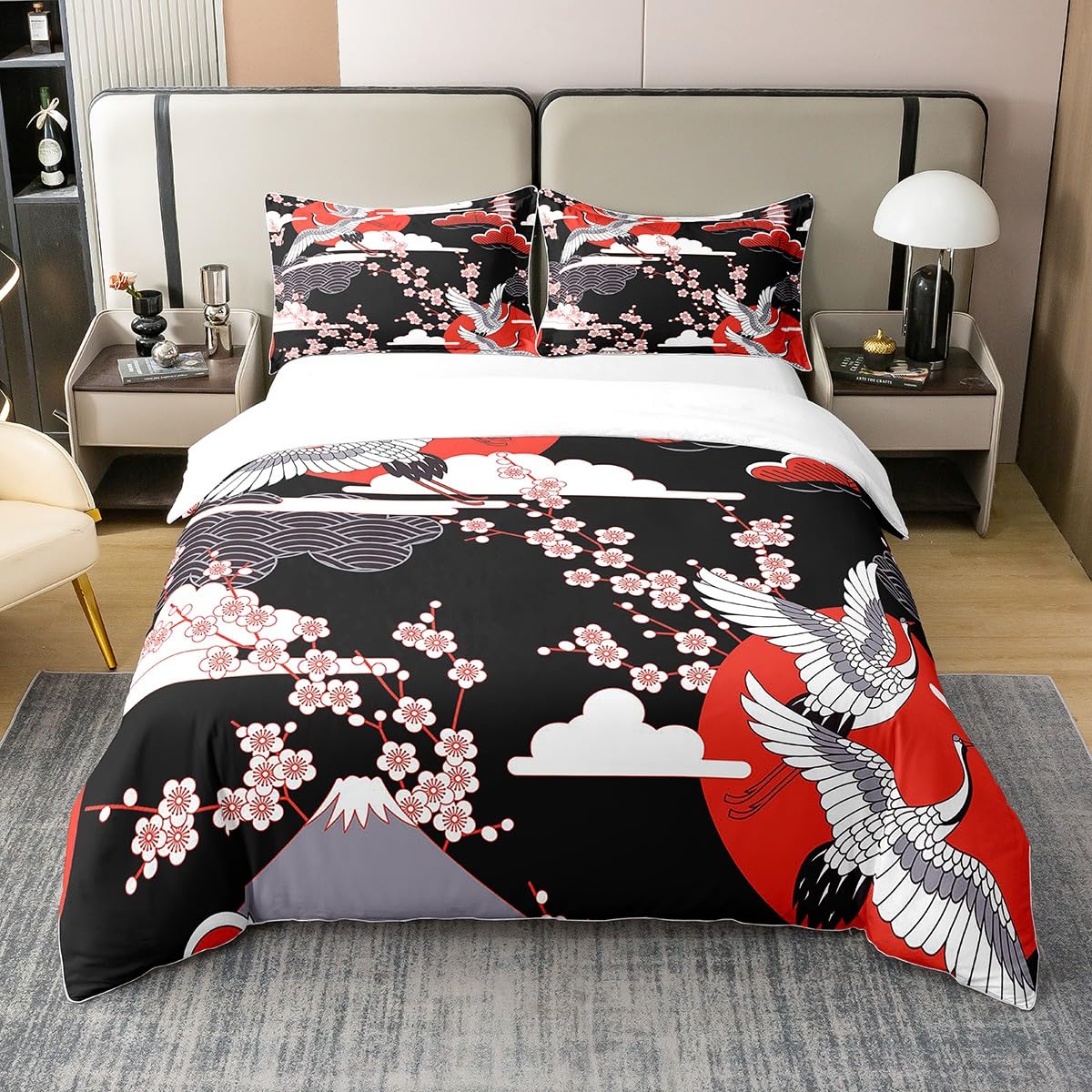 Crane 100% Cotton Duvet Cover Double Japanese-Style Bedding Set Cherry Blossoms Pattern Adult Women Girls Comforter Cover 2 Pieces Japanese Traditional Pattern Decor Comforter Set with Zipper Ties — image 1