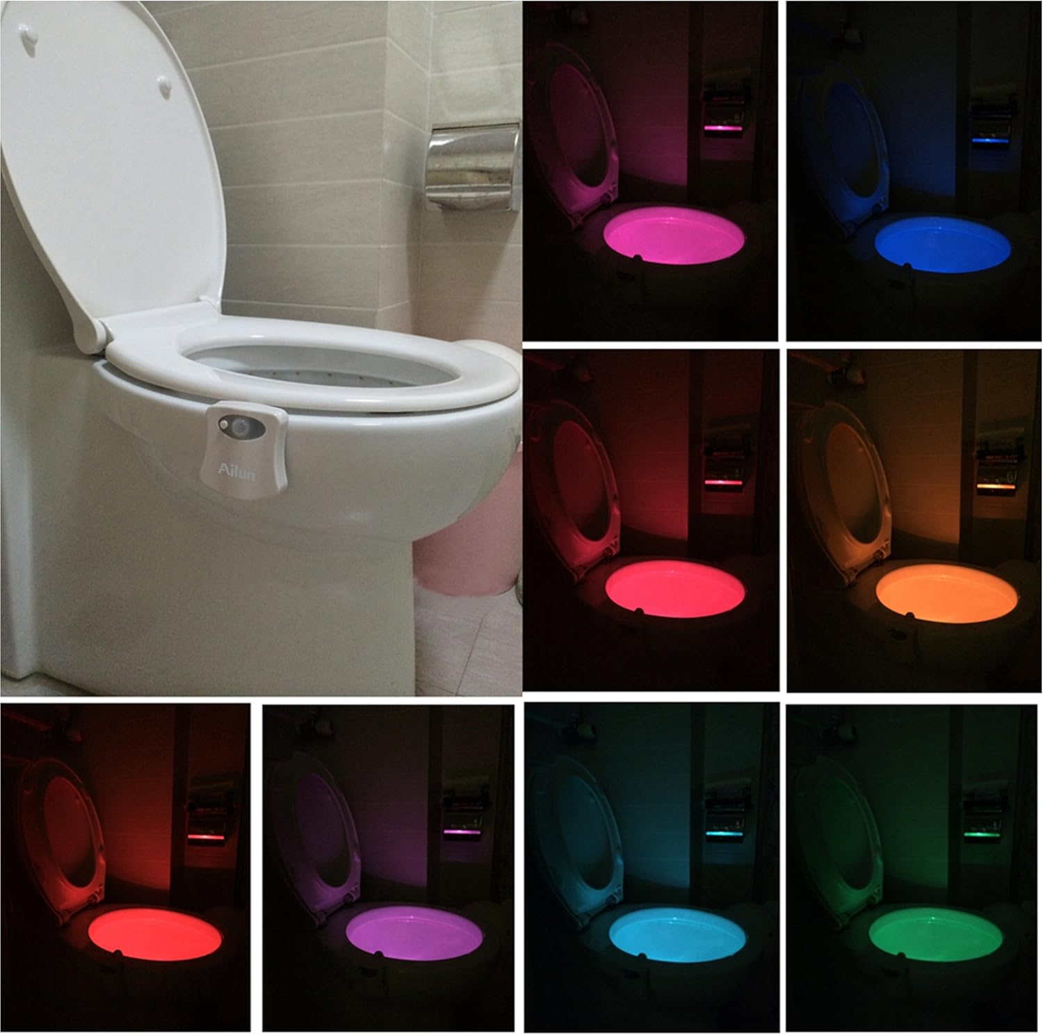 Toilet Night Light 2Pack by Ailun Motion Activated LED Light 8 Colors Changing Toilet Bowl Nightlight for Bathroom Battery Not Included Perfect Decorating Combination Along with Water Faucet Light - - 