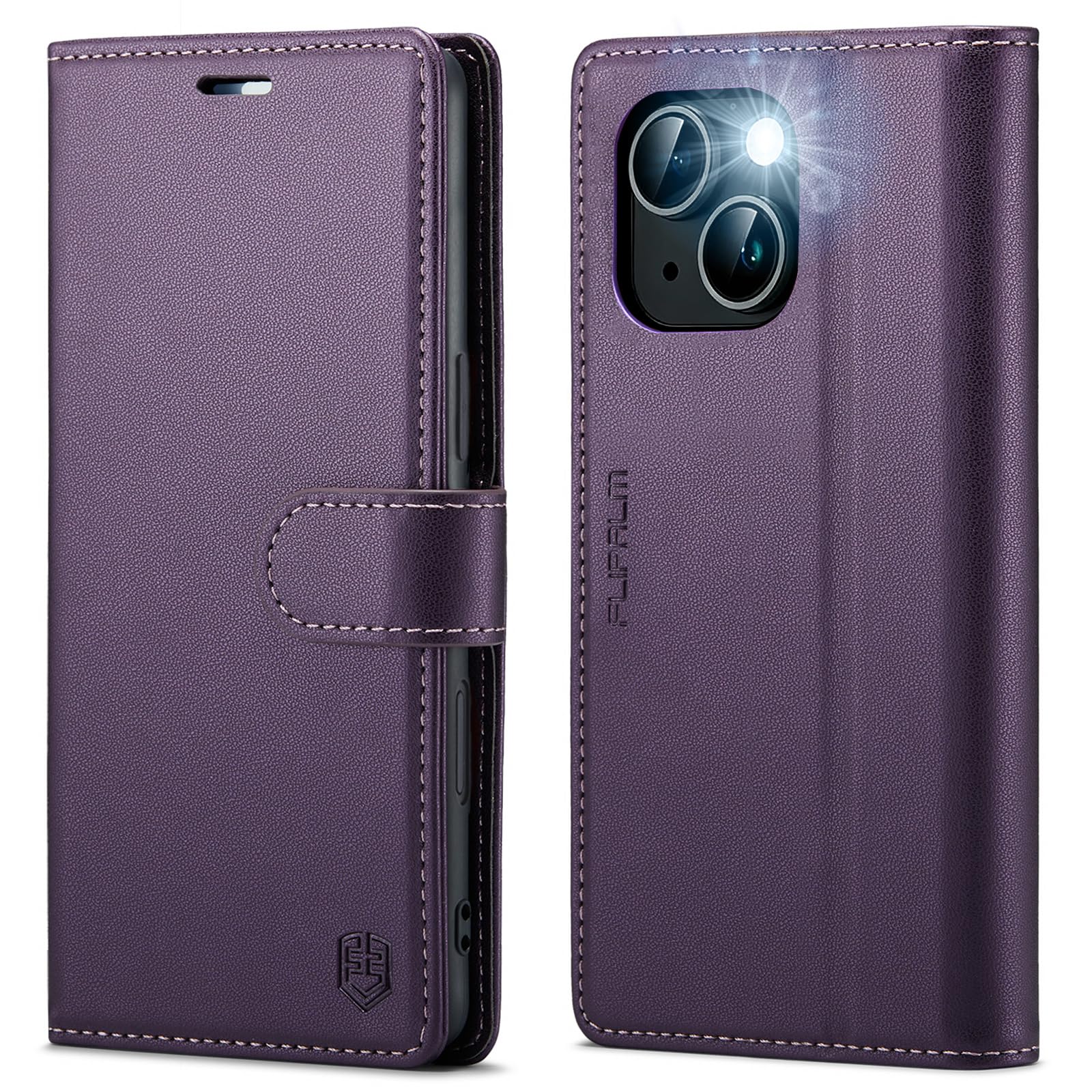FLIPALM Wallet Case for iPhone 15 Series, RFID Blocking Credit Card Holder, PU Leather Folio Flip Kickstand Protective Shockproof Cover for Apple 15 Series (Purple, iPhone 15-6.1")