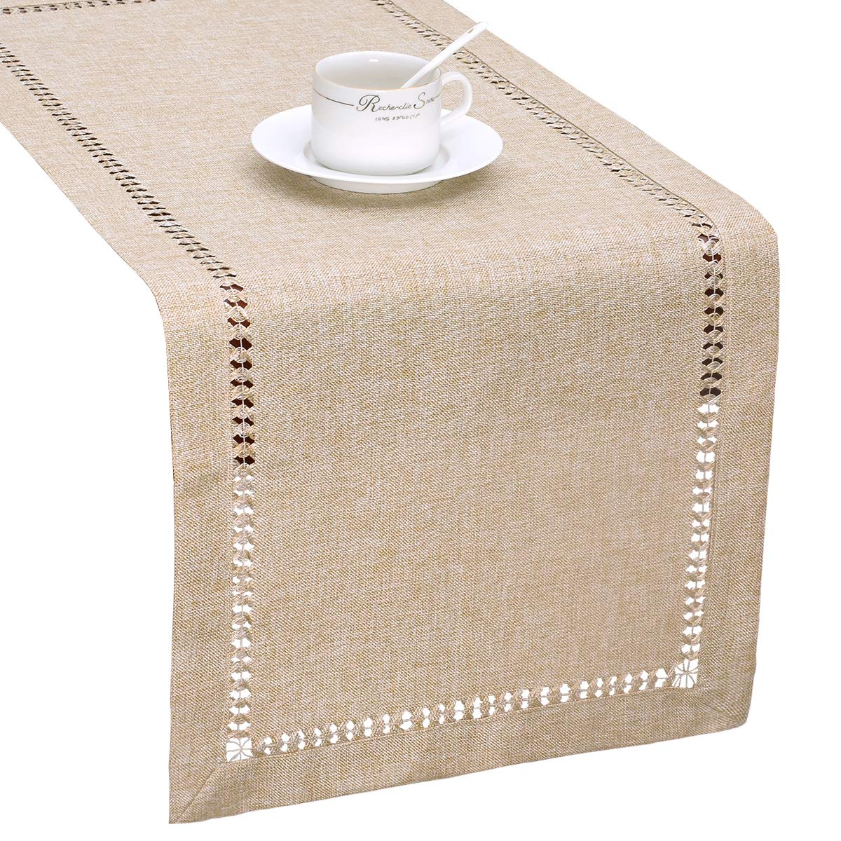 Grelucgo Handmade Hemstitch Beige Table Runner Or Dresser Scarf, Rectangular 14 by 72 Inch