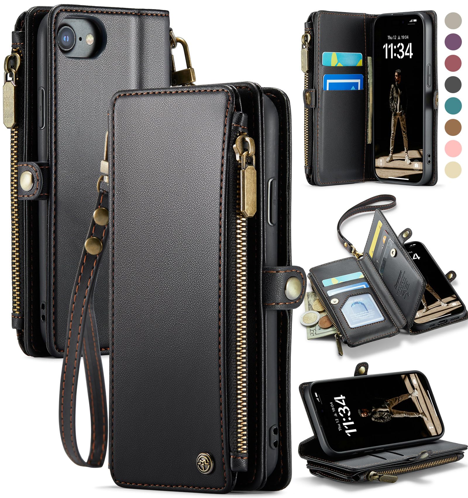 Photo 1 of Defencase Compatible with iPhone SE 2020 2022 Case Wallet with RFID Blocking Card Holder for Women Men, Soft PU Leather Magnetic Snap Flip Zipper Strap Wallet Phone Case Fit for iPhone SE/7/8, Black