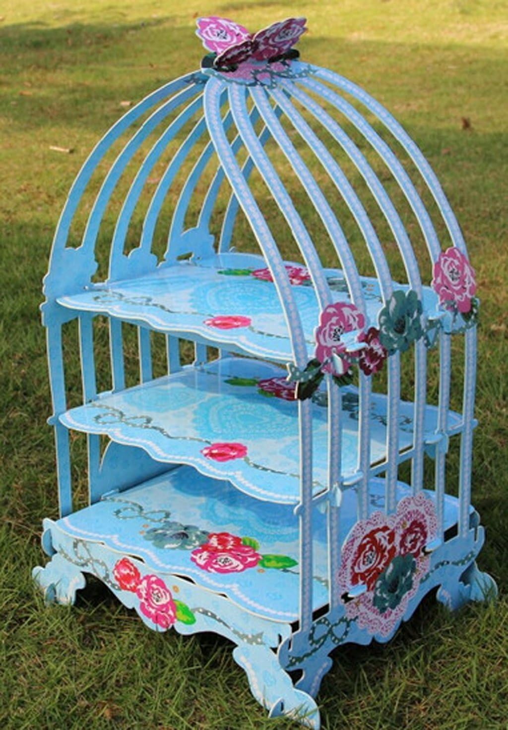 EOYHDSIA 3-Tier Birdcage Shape Cardboard Cupcake Display Stand (Blue Rose)