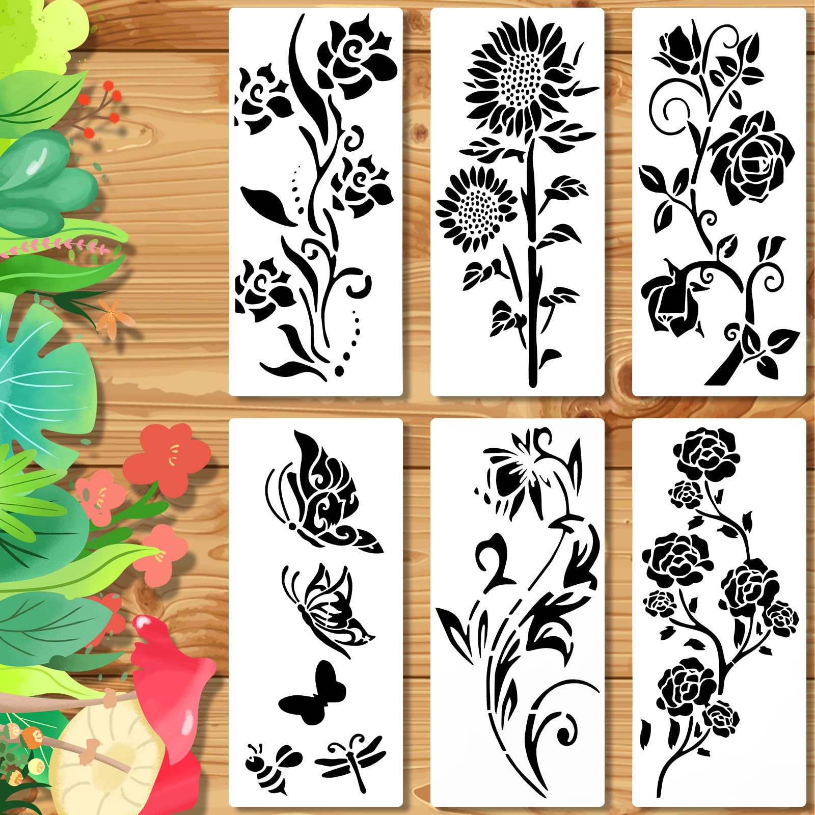 6pcs Garden Fence Large Flower Stencils, Floral Drawing Stencils for Crafts, Reusable Outdoors Wall Decoration, Home Floor Decor Drawing Supplies