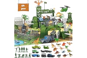 Frontoytall Military Base Toys Set Including Armored Car Airplane Helicopter Trucks, Play Mat with Army Men Action Figures & Accessories, Mini Dinosaur Toys, Birthday Playset for Boys Age Over 3 Years