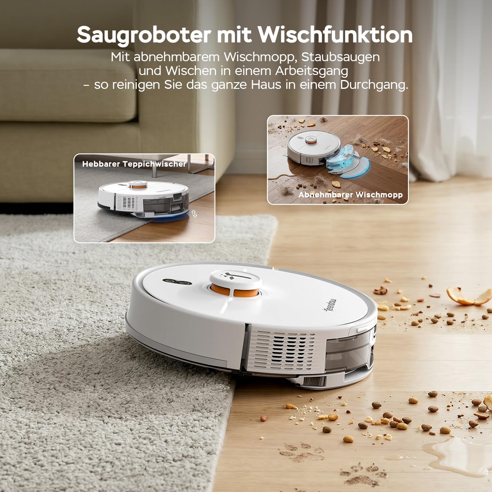 Teendow D20S Max+ Saugroboter mit Wischfunktion, 8000 Pa, 3L Saugroboter mit Absaugstation und Tierpflege-Zubehör, LiDAR-Navigation, App und Sprachsteuerung, Hartböden & Teppiche, Ideal für Tierhaare 5