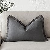 Foindtower Decorative Linen Fringe Lumbar Throw Pillow Covers Cozy Boho Farmhouse Cushion Cover with Tassel Soft Accent Pillowcase for Sofa Bed Living Room Home Decor, 12×20 Inch, 1PC, Gray