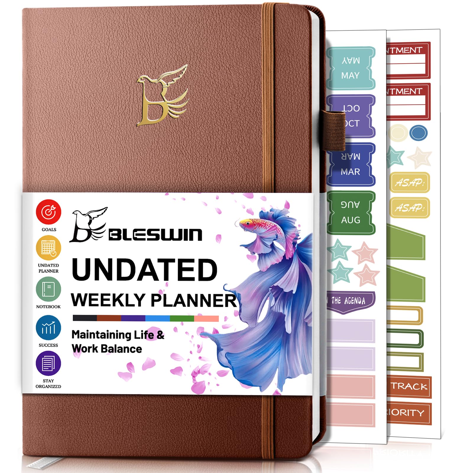 BLESWIN Undated Weekly Planner Diary, A5 Planner (5.7'' X 8.5'') Non-Dated Productivity Planner, Goal Journal Monthly Planner Notebook, Professional Brown Academic Diary for Work Life Management