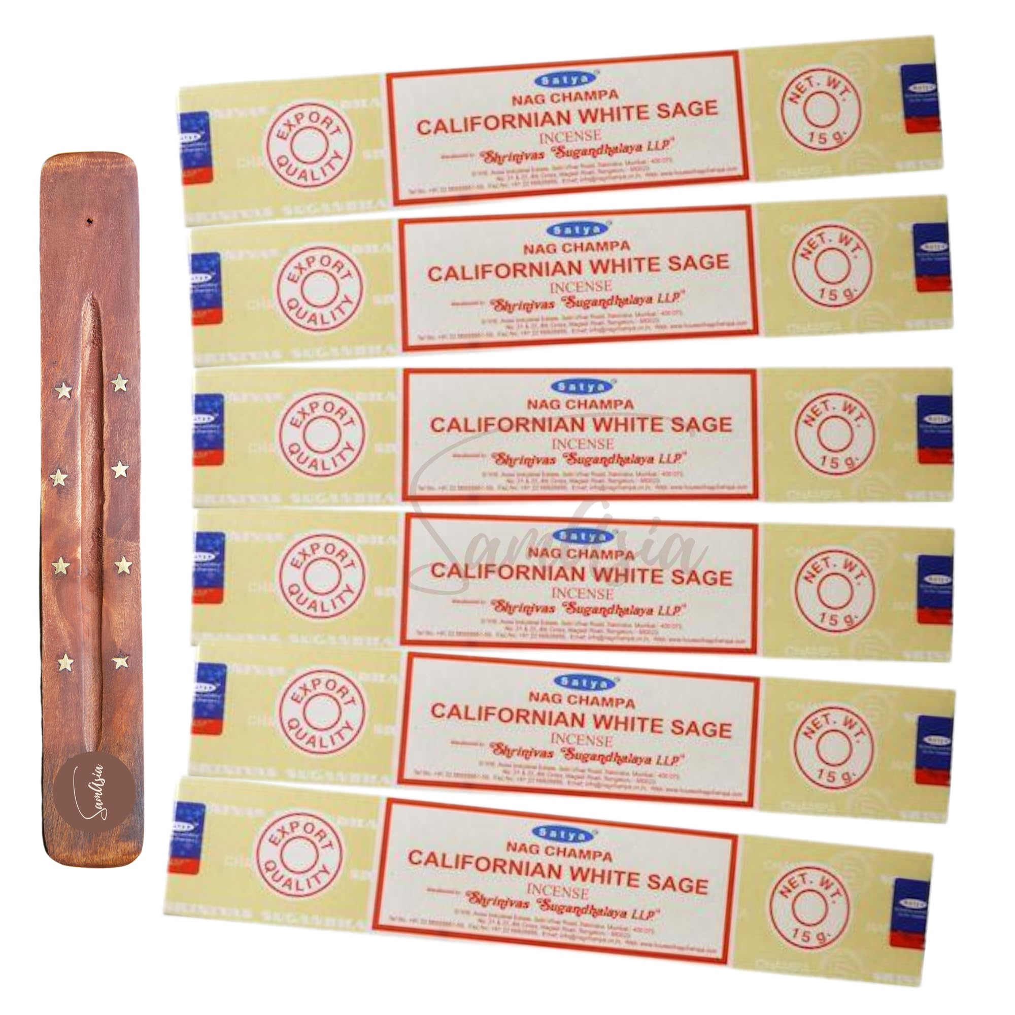 Satya Nag Champa Cal White Sage Incense Sticks | x6 pack | with SAMASIA incense sticks holder | Used for Aromatherapy, Spa, Yoga, Weddings, Meditation, Healing, Positivity and Relaxation