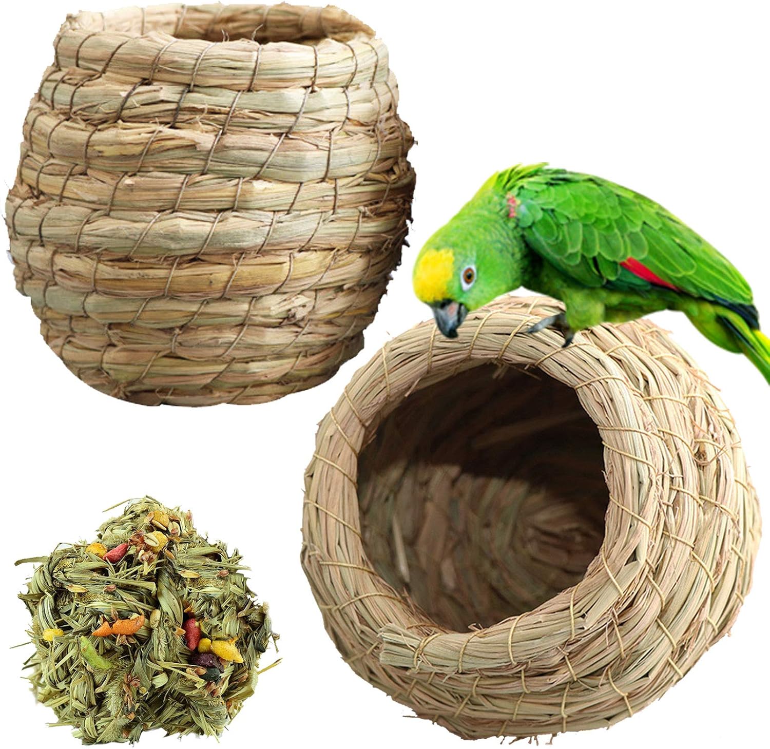 kathson Birdcages Straw Bird Nests Natural Grass Woven Birdhouse Resting Breeding Nesting Cages Hideaway Shelter for Finch Canary Budgie Lovebird Pearl Bird and Small Parrot  : Pet Supplies