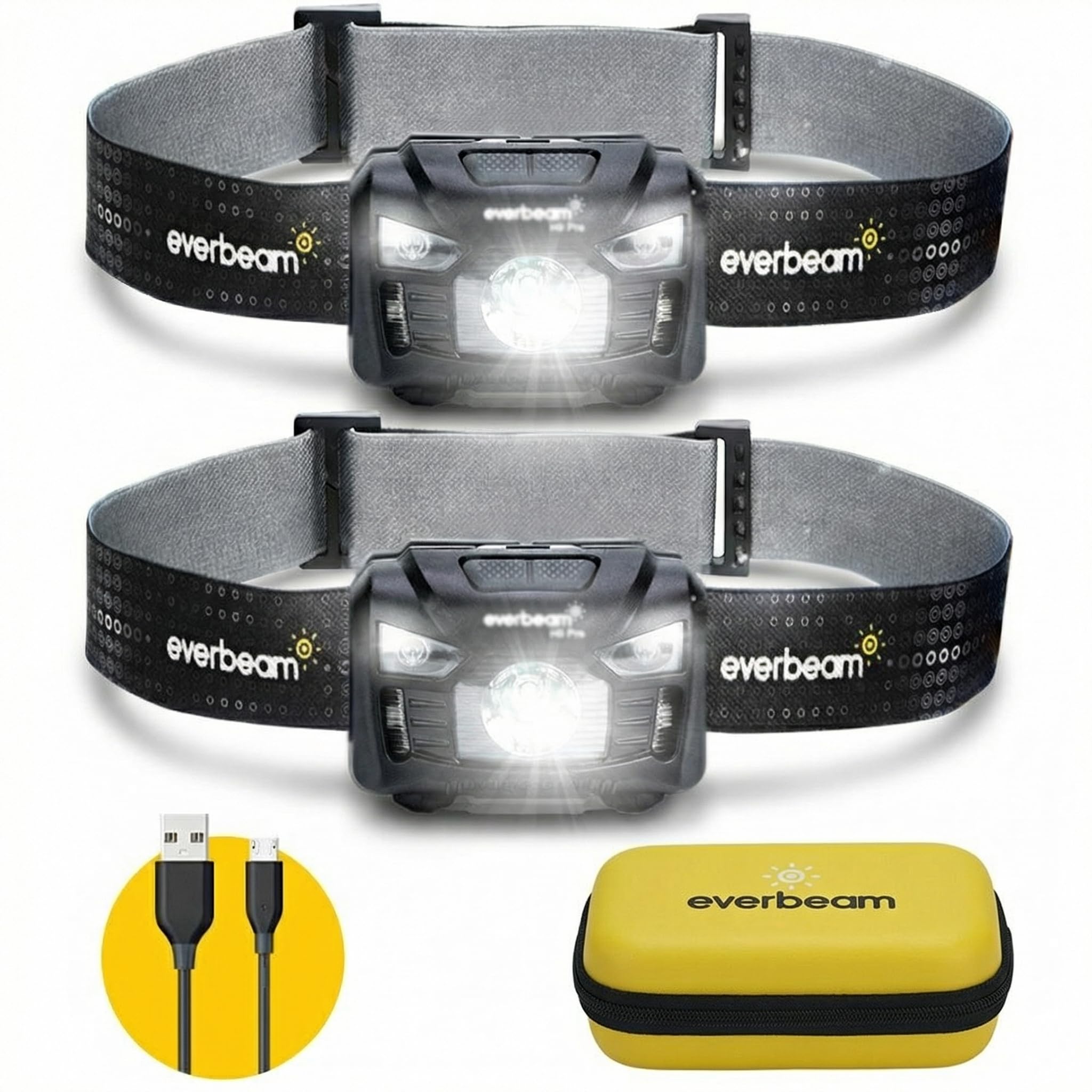 Everbeam H6 Pro LED Head Torch Headlamp, Motion Sensor Control, 650 Lumen Bright 20 Hours Runtime 1200mAh Battery Powered USB Rechargeable Headlight (2 Pack)