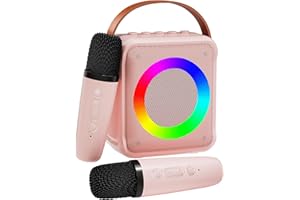 VERKB Mini Karaoke Machine for Kids Adults, Portable Bluetooth Speaker with 2 Wireless Microphones, Microphone Speaker Set with LED Disco Lights for Home Party, Birthday Gifts for Girls Boys Kid(Pink)