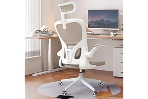 Monhey Office Chairs, Ergonomic Office Chair, Computer Chair with Adjustable Headrest, Lumbar Support, 2D Armrest, Metal Base and Iron Legs, Beige Mesh Office Chair