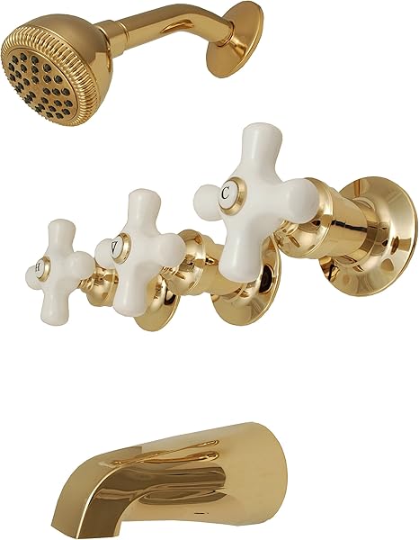 3 Handle Tub Shower Faucet Polish Brass Finish Porcelain