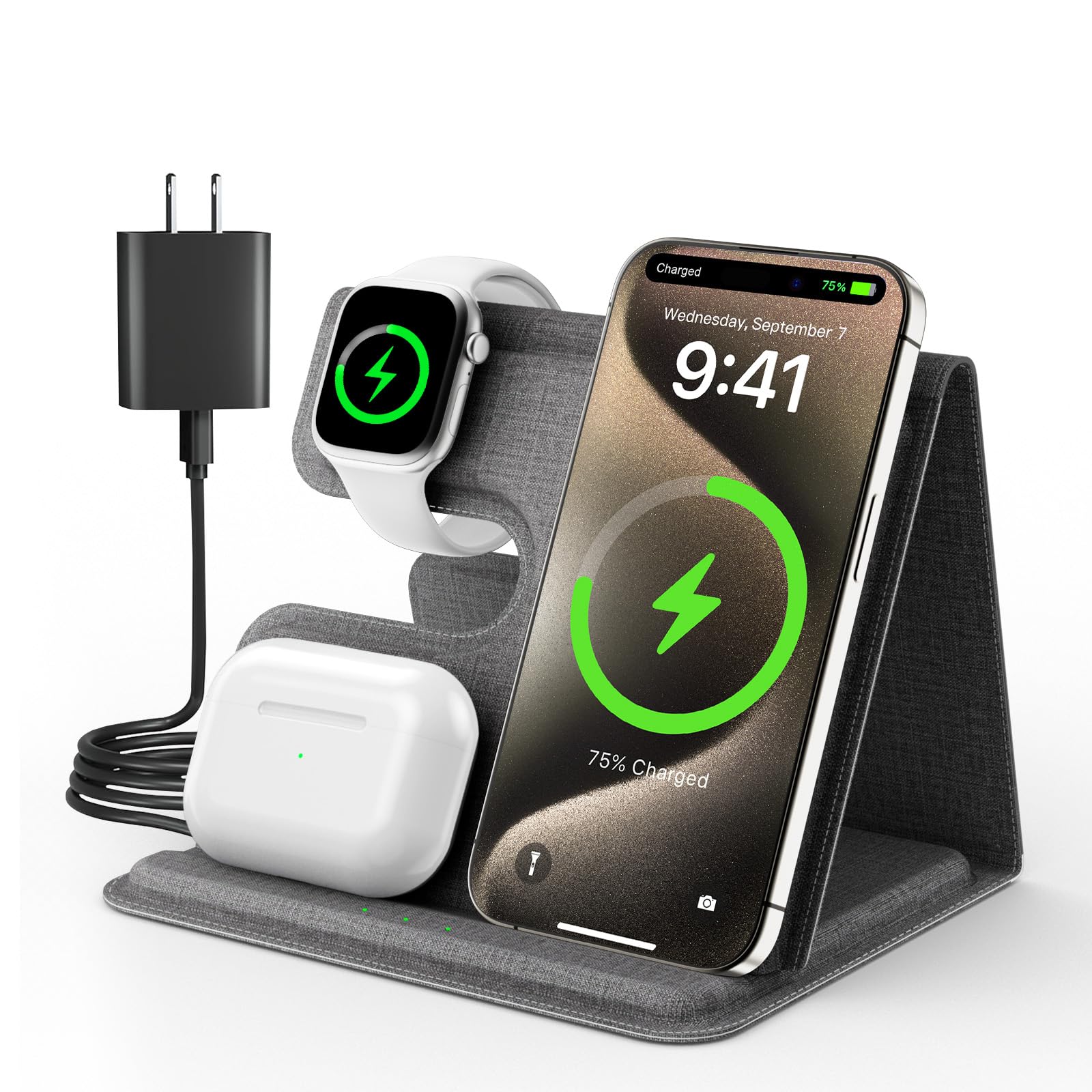 Photo 1 of Wireless Charger iPhone, Fast Charging Station for Apple Watch, 3 in 1 Portable Charge Stand for Samsung Galaxy S24/S25 iWatch iPhone 16 15 14 13 12 Pro Max AirPods