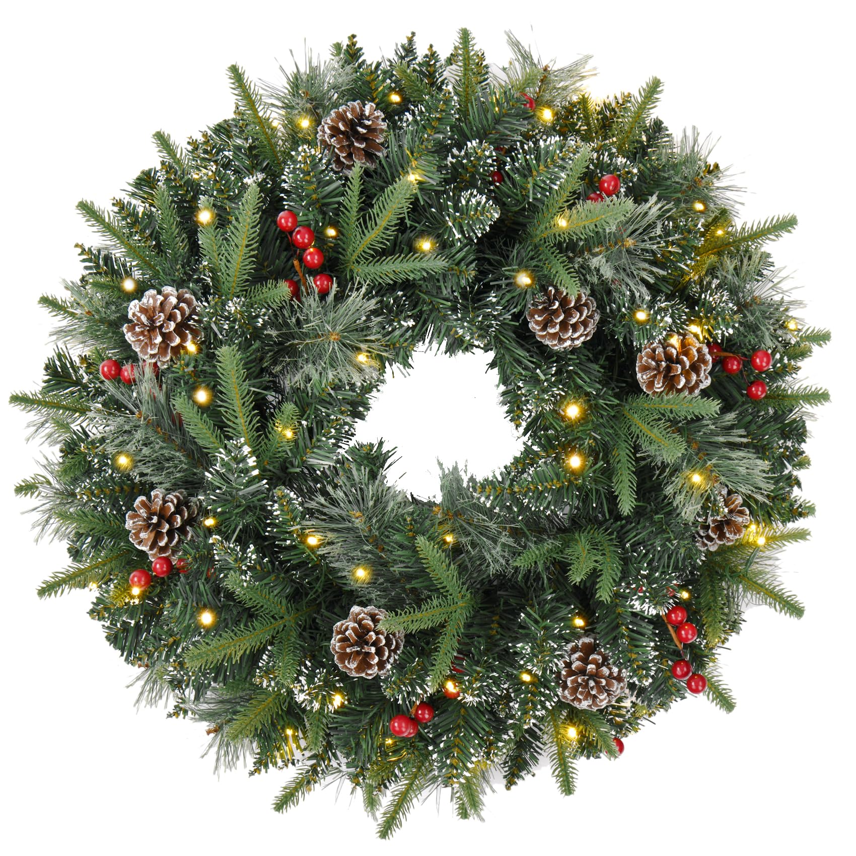 Photo 1 of Amaoasis 24 Inch Artificial Pre-Lit Christmas Wreath, Warm White & Multi-Color Lights with Timer, Battery Operated, Berries, Pinecones?Holiday Decoration for Front Door, Outdoor