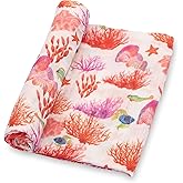 LollyBanks Baby Muslin Swaddle Blanket, 100% Cotton, Soft for Girls, 47 x 47 Inches, Coral Print