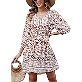 Qearal Women's Casual V Neck 3/4 Sleeve Boho Floral Printed Loose Short Flowy Summer Beach Vacation Dress