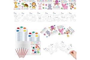CPicdn 24 Pack Valentine’s Day Gift Mini Watercolor Kid Paint Set, DIY Valentines Animal Greeting Card Watercolor Paint with Seal Bags, School Classroom Exchange Gift Party Favors
