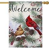 Welcome Winter House Flags for Outdoor Decoration, Christams Cardinal Pine Twigs Berry Large Yard Flag, Decorative Xmas Seasonal Farmhouse Holiday Outside Decor 28x40 Inch Vertical Double Sided