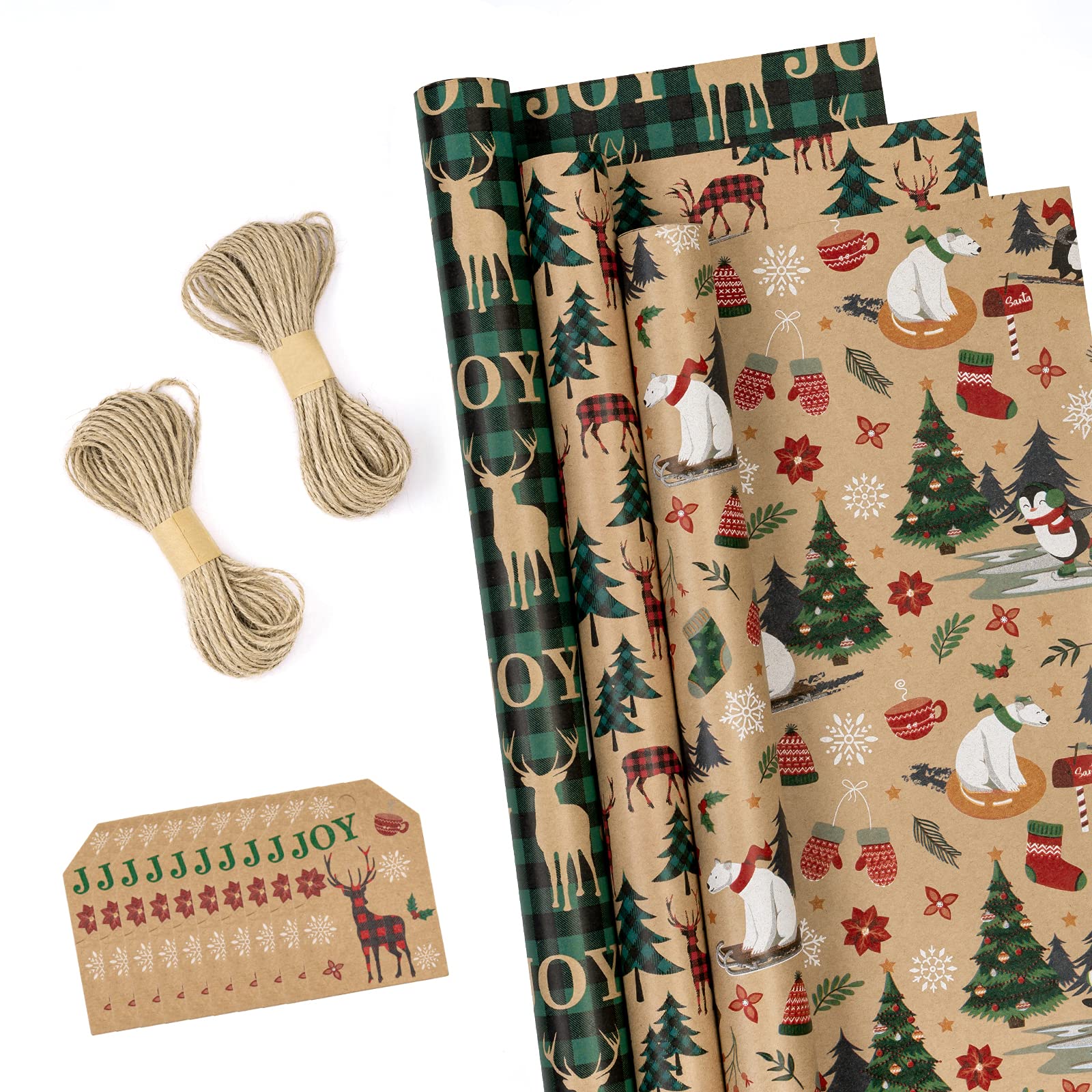 RUSPEPA Christmas Wrapping Paper Rolls with Tags, Jute String - 43cm x 3 Meter per Roll, Total of 3 Rolls