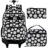 gxtvo Girls Rolling Backpack, Women Roller Bookbag with Lunch Box for Adults, Water Resistant Wheeled School Bag for College Teens Kids Travel - Black Flower