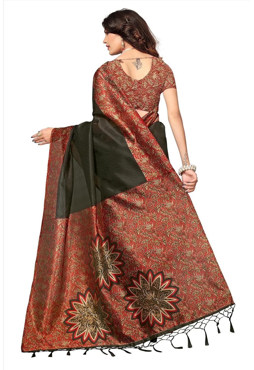 ishin poly synthetic printed women's saree sari with tassels