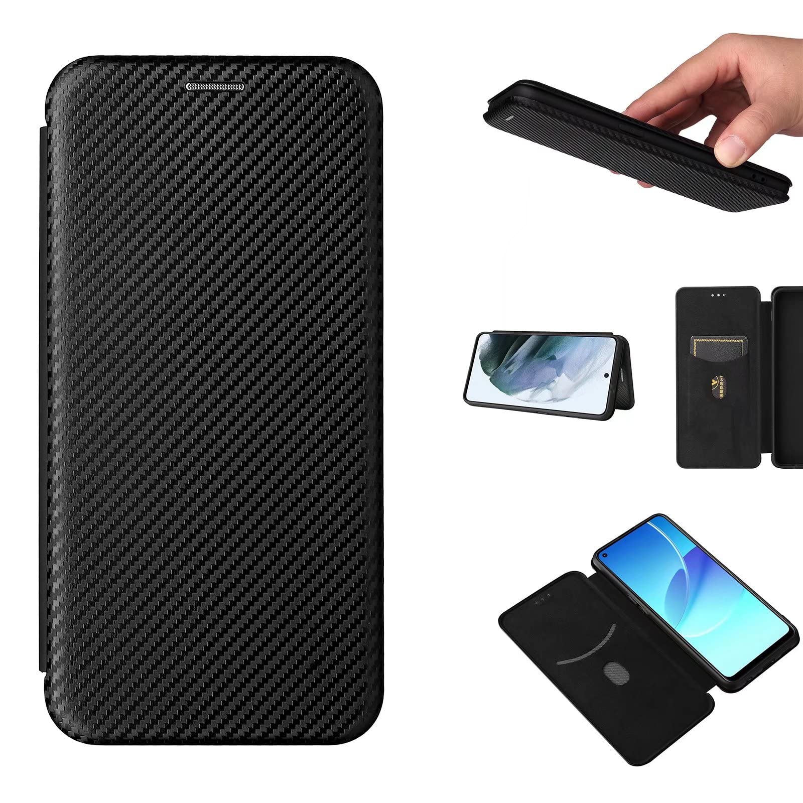 ESONG Carbon Fibre Phone Case for Motorola Edge 30 Fusion/Moto S30 Pro, with Magnetic Closure and ID Card Holder Slot case,Scratch-Resistant Carbon Fibre PC + Shockproof TPU + Free Stand - Black