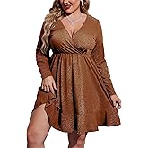 IN'VOLAND Plus Size Womens Glitter Dress V Neck Long Sleeve Ruffle Hem Swing Club Cocktail Party Dresses