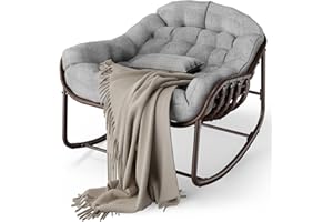 GarveeLife Outdoor Papasan Rocking Chair, Oversized Wicker Lounge Chair with Cushion and Metal Frame, Patio Rattan Egg Rocker for Balcony Backyard Porch Bedroom, Grey