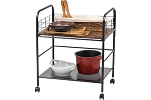 IRIS USA, Inc. 2-Tier Kitchen Storage Rolling Cart with Lockable Caster Wheels, Coffee Cart, Pantry Rack, Home Bar, Serving Cart, Rustic Brown, Wide