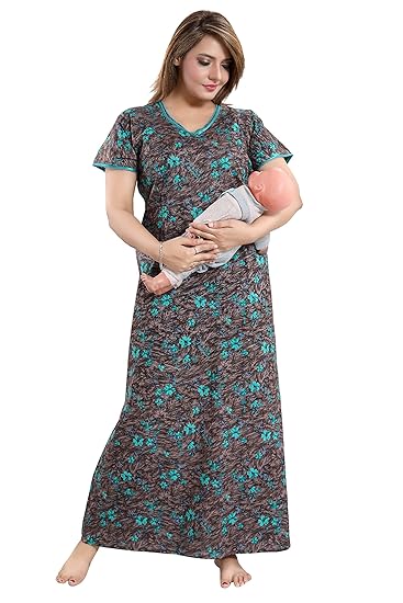 Beautiful Flower Print Feeding/Maternity Cotton Nighty/Night Gown(Size:Free Length:55