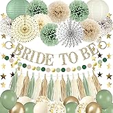 46Pcs Sage Green Bridal Shower Decorations - Boho Bachelorette Party Supplies with Bride to Be Banner, Paper Lanterns, Fans, Pom Poms & Balloons - Neutral Wedding Engagement Decor Kit