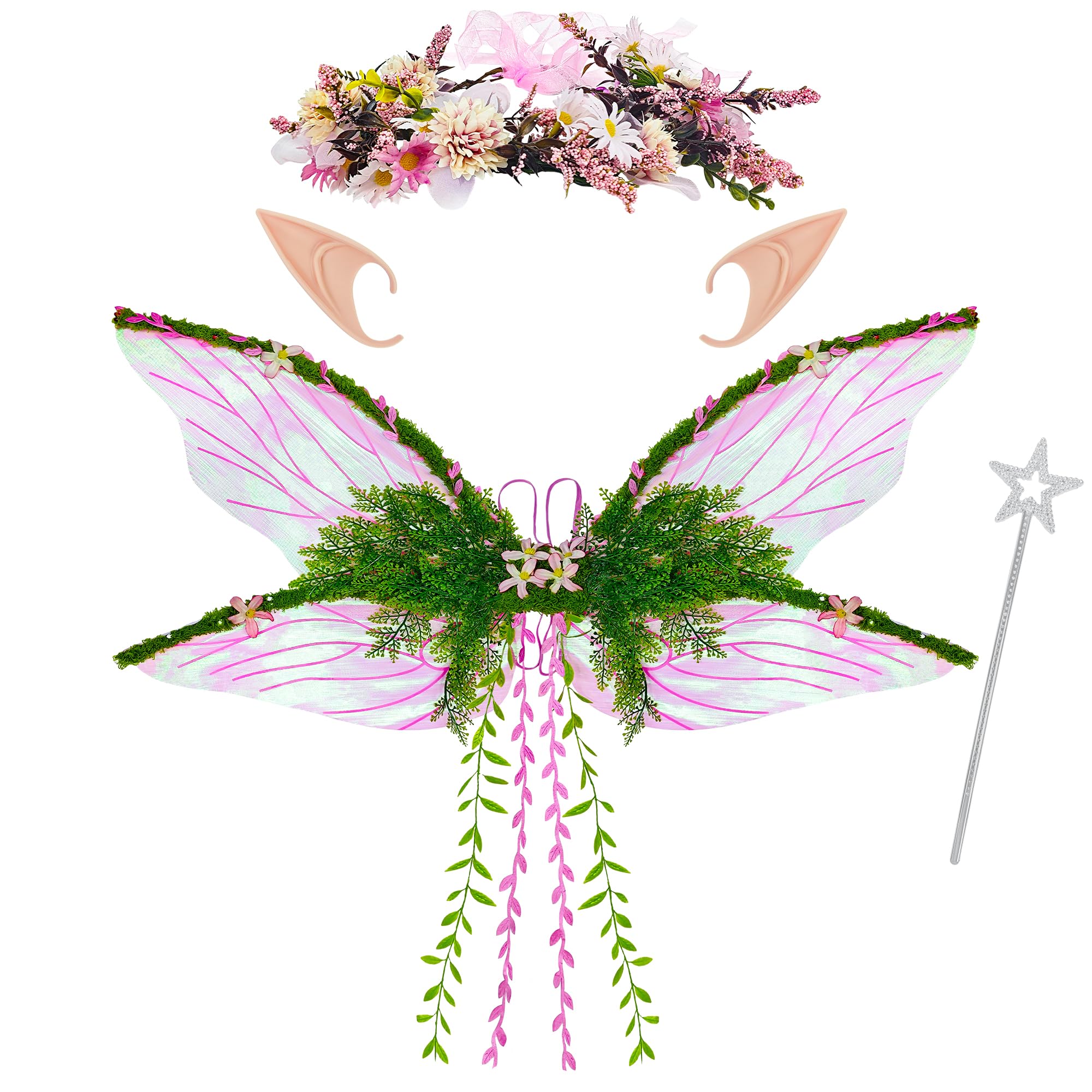 Vifcotlyp Fairy Wings Costume Set, Butterfly Wings Set with Elf Ears Flower Garland Wand Fairy Costume Accessories for Women Renaissance Halloween Cosplay