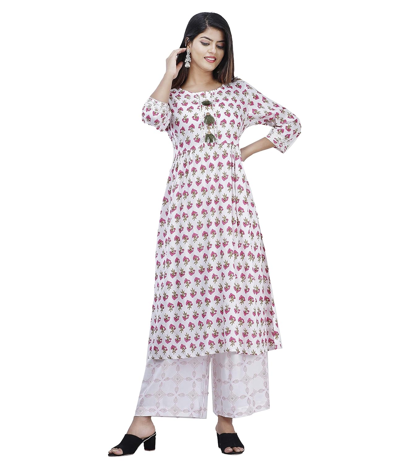 Buy ZR Enterprises Hand Block Kurti with Plazo Set for Regular use Off White Rayon Fabric at 
