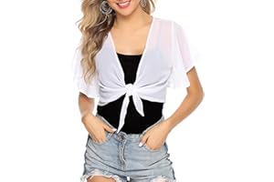 iClosam Women Tie Front Chiffon Shrug Short Sleeve Cropped Sheer Bolero Shrug Cardigan