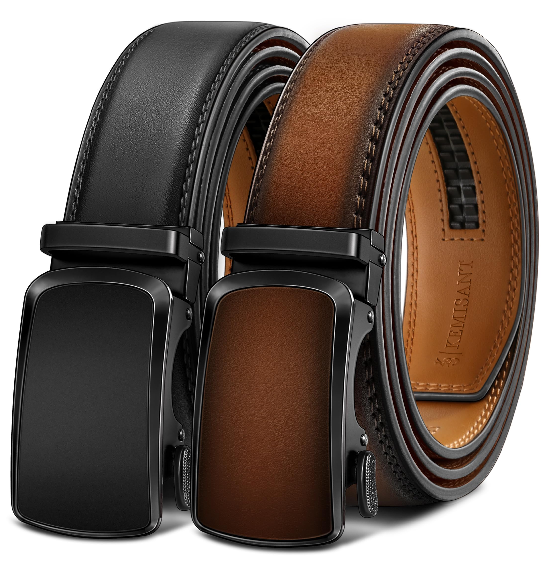 KEMISANT Men Belt 2 Pack, Leather Ratchet Belt Easy Click Slide For Men 1 3/8",Cut for Fit(Black/Light Brown,42"-48" Waist Adjustable) Image