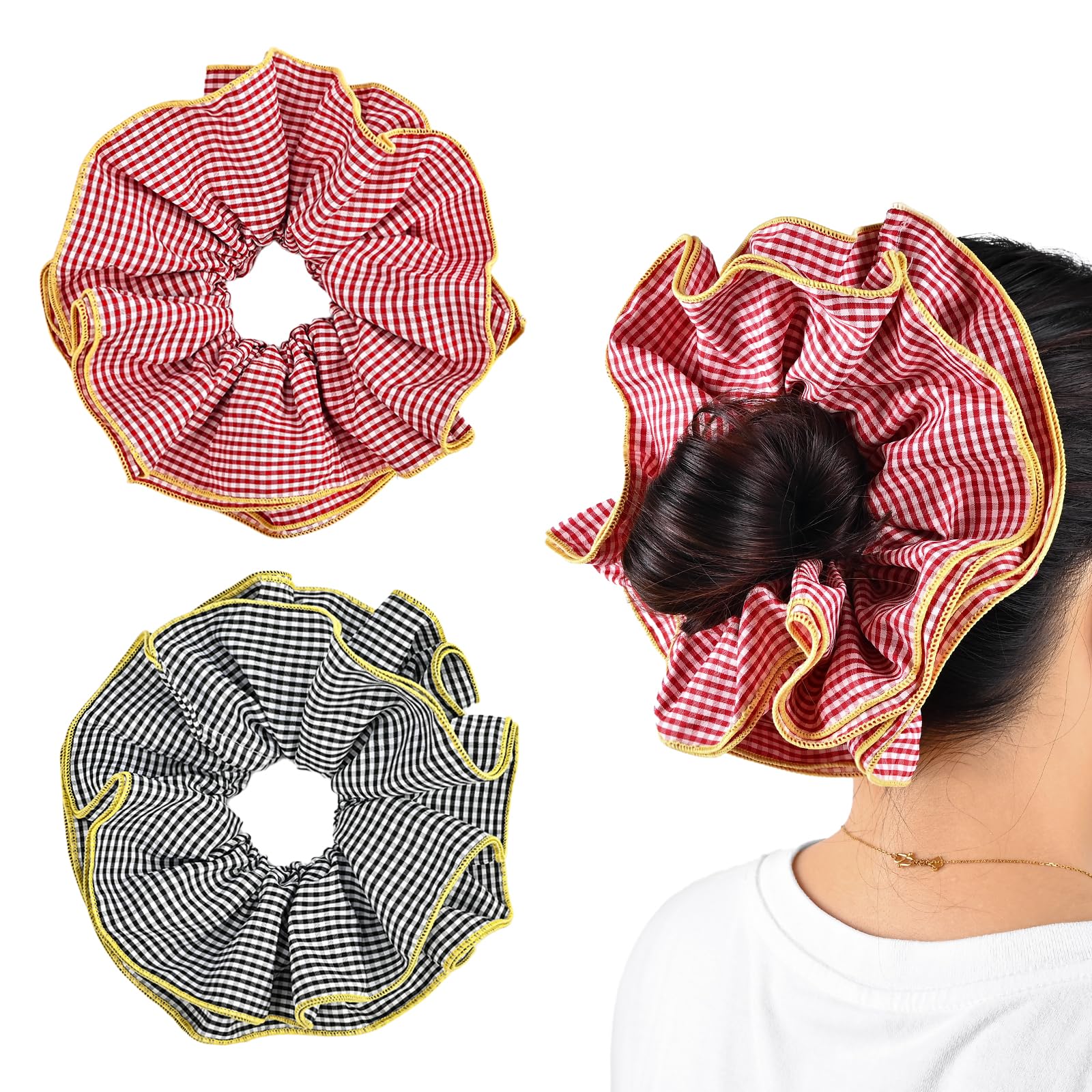 Photo 1 of Yonchic 2-Piece Lattice Ruffles Large Scrunchies for Women Girls, Cute Big Hair Ties No Damage Hair Accessories, Elastic Hair Bands for Hair Bun Ponytail (Black & Red)