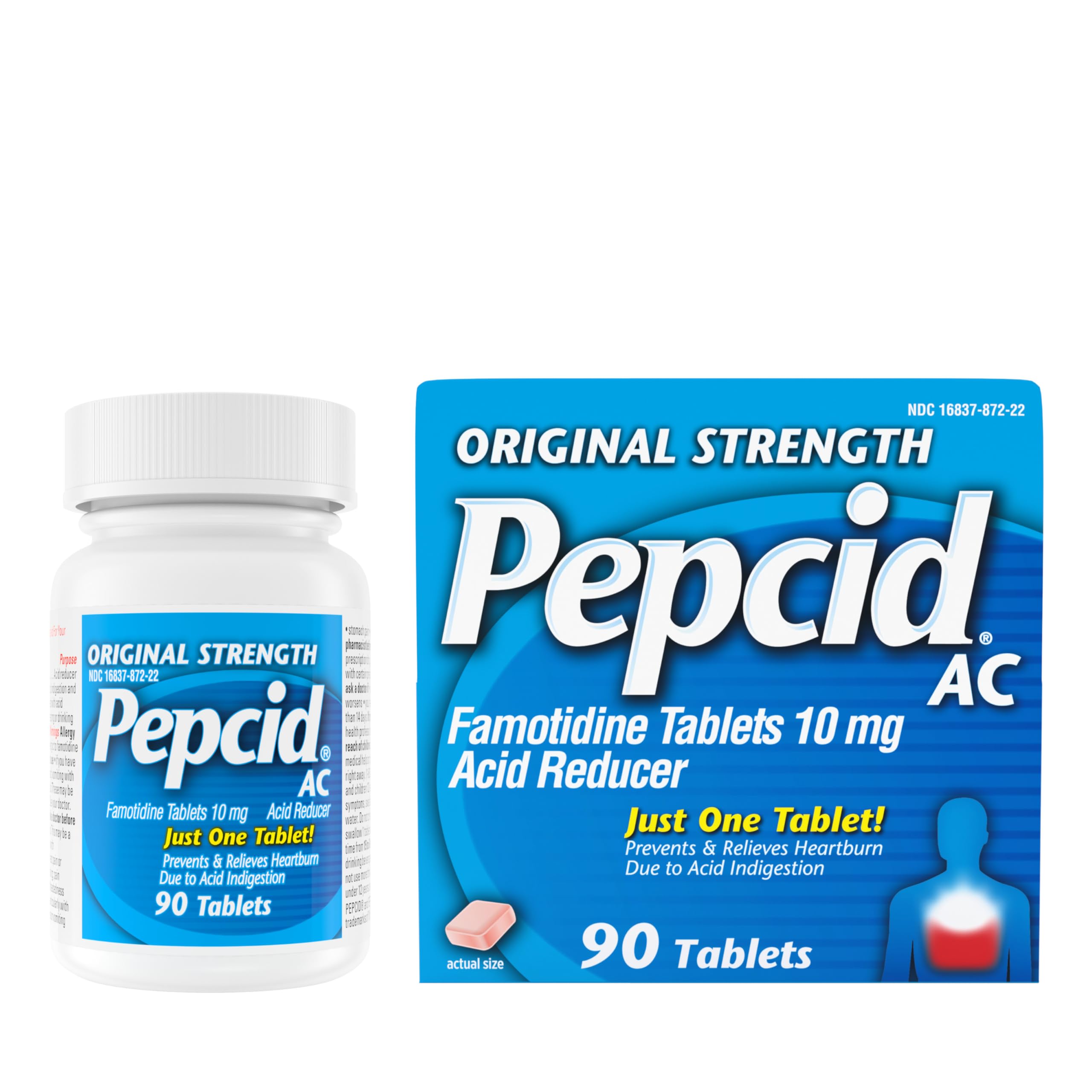 Pepcid AC Original Strength Heartburn Relief Tablets, OTC Medicine Prevents & Relieves Heartburn Due to Acid Indigestion & Sour Stomach, 10mg Famotidine Acid Reducer, Fast-Acting, 90 ct