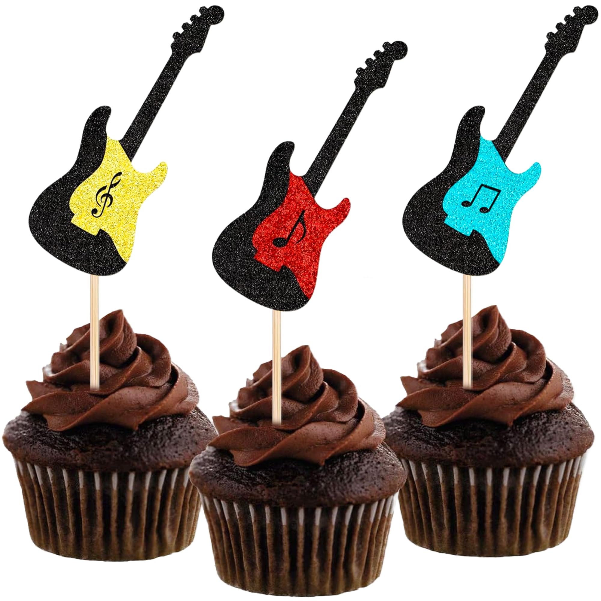 View 1 of 12PCS Guitar Cupcake Toppers – Glitter Guitar Rock Decor for Music Lover’s Birthday, Rock and Roll Party, or Guitar Theme Baby Shower Supplies