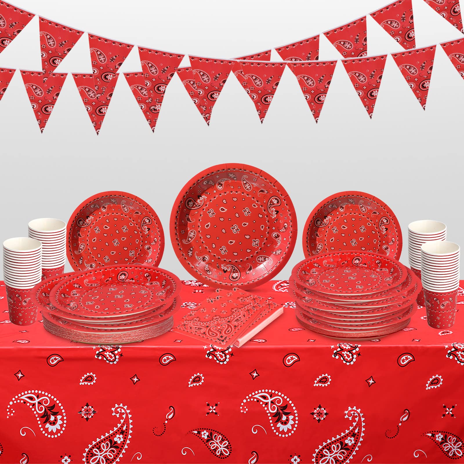 Photo 1 of 123 Pcs Western Cowboy Party Decoration Include 1 Plastic Paisley Print Tablecloth 2 Bandana Pennant Banner 60 Disposable Paper Plates 30 Cups and 30 Napkins for Western Cowboy Theme Party(Red)