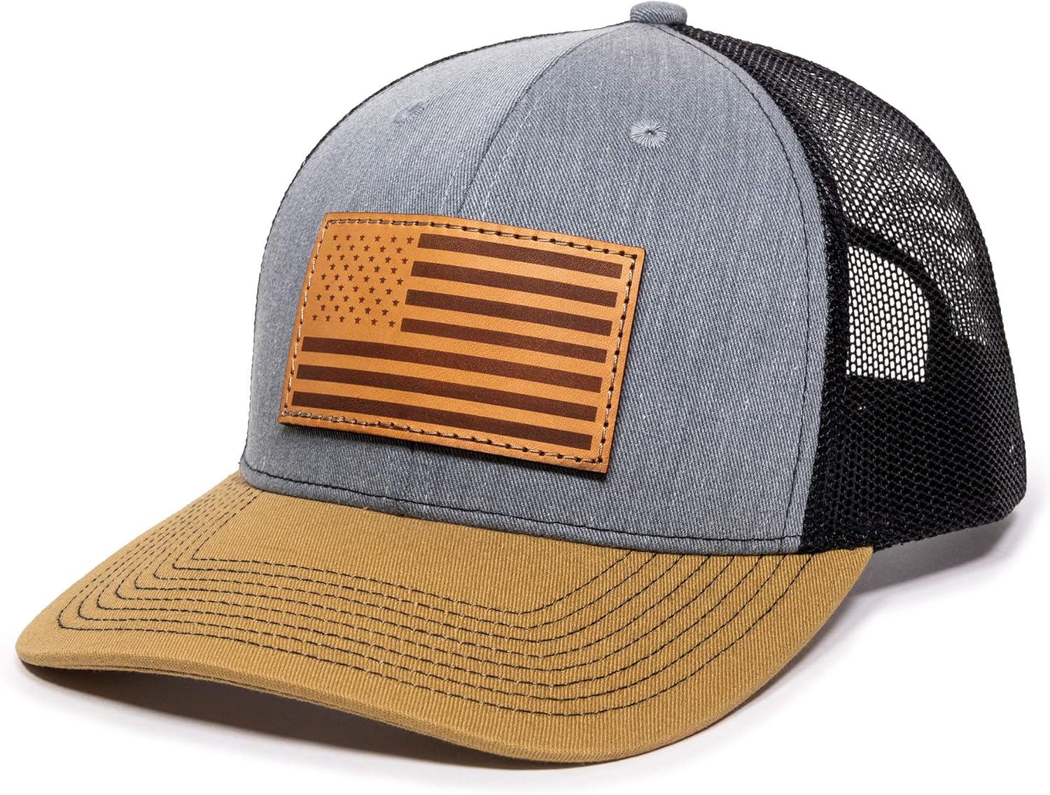 American Flag USA Genuine Leather Patch Mesh Back Trucker Hat