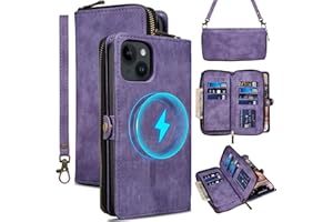 Rssviss Wallet Case for iPhone 15 Crossbody with Card Holder Wrist Strap, Flip Zipper Case Compatible with Magsafe, RFID Blocking Purse Cover for iPhone 15 Women Men 6.1 inch Purple