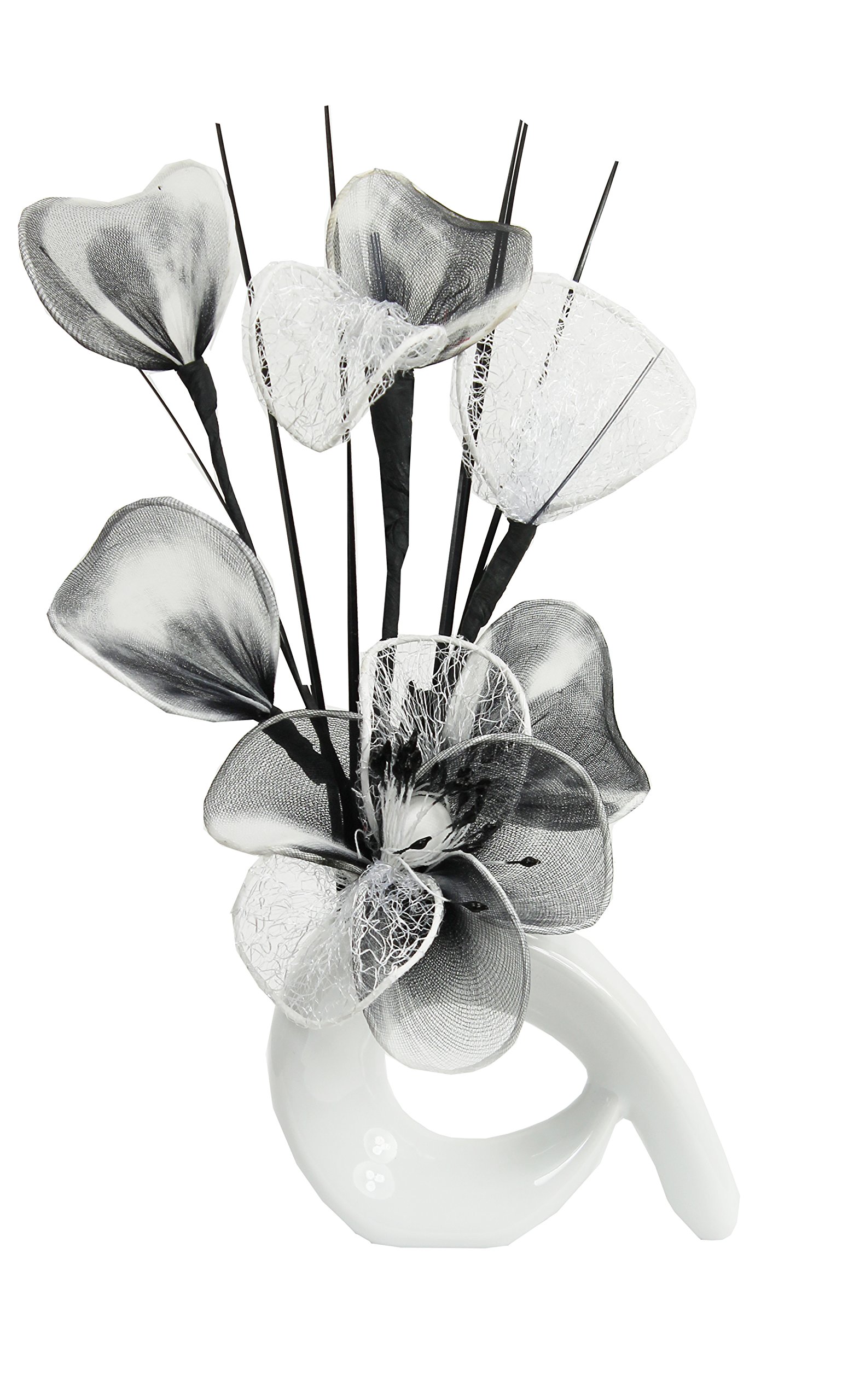 White Vase with White and Black Artificial Flowers, Ornaments for