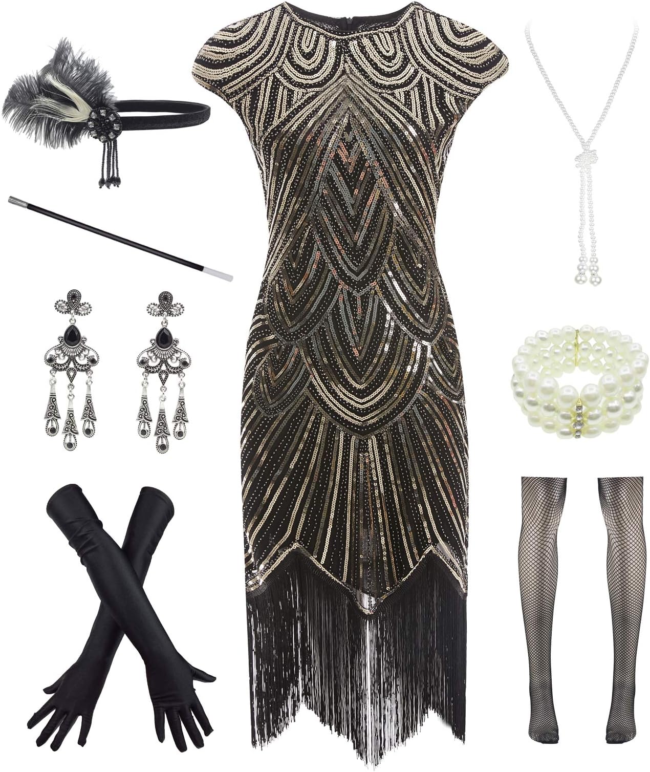 Letter Love Womens Vintage Lace Fringed Gatsby 1920s Cocktail Dress with 20s Accessories Set