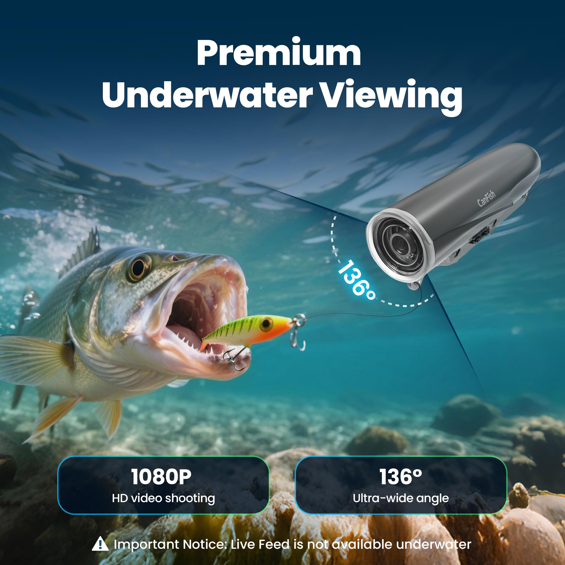 CanFish Fishing CamX Fishing Finders Camera,Lure Action Camera HD 1080P &136°Ultra-Wide-Angle,656FT ROV Waterproof/Motion Sensing/Segmented Intelligent Recording/Wireless Charge/App Compatible (Grey)